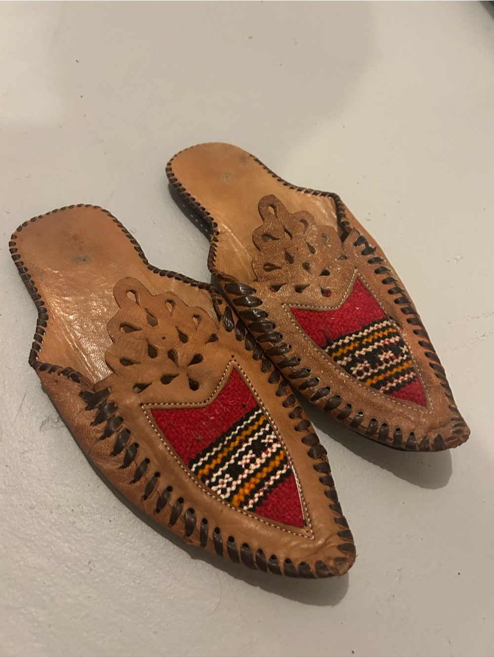 Handcrafted Tan Leather Slippers with Red Woven Accent